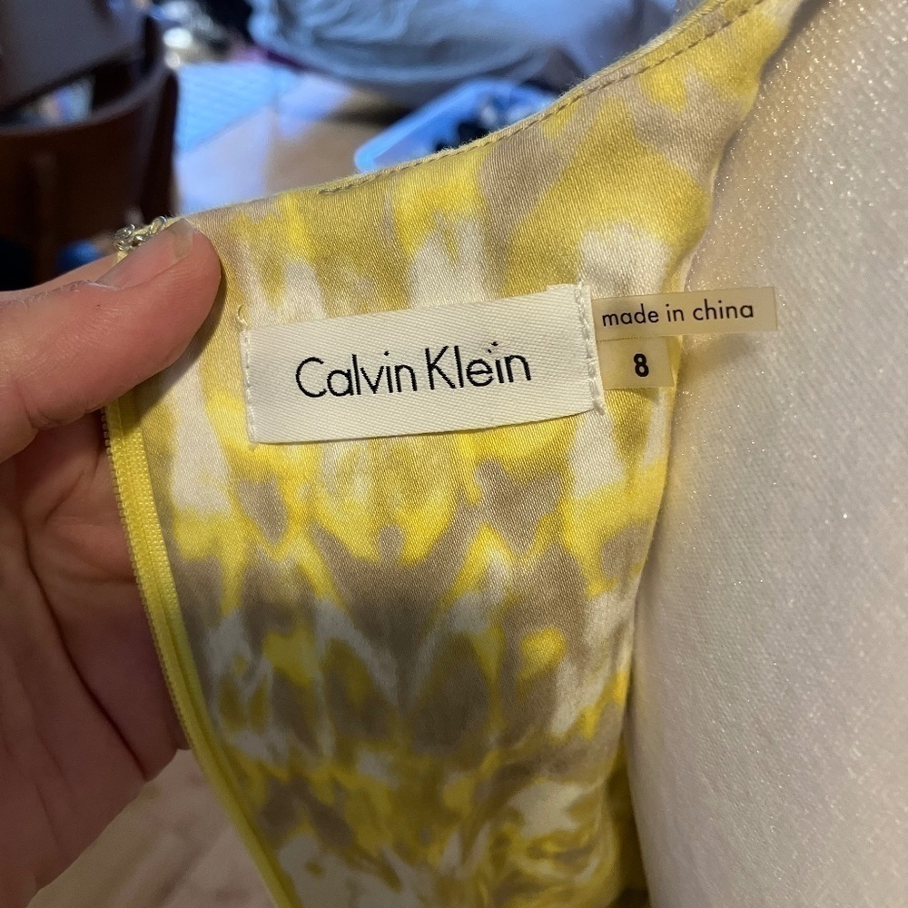 Calvin Klein Womens Yellow Tie Dye Dress Sleeveless Halter Neck Pockets Size 8 - Picture 3 of 3